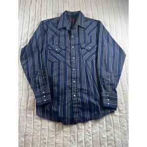 Plains Western Wear Shirt Mens Medium Blue Striped Long Sleeve Cowboy Rodeo‎